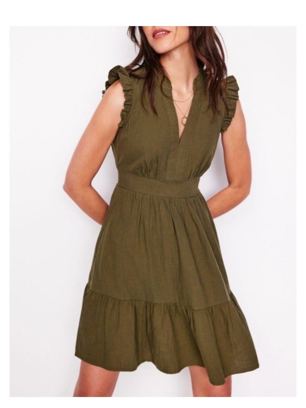 Boden Olive V‑Neck Ruffle Sleeve Midi Dress